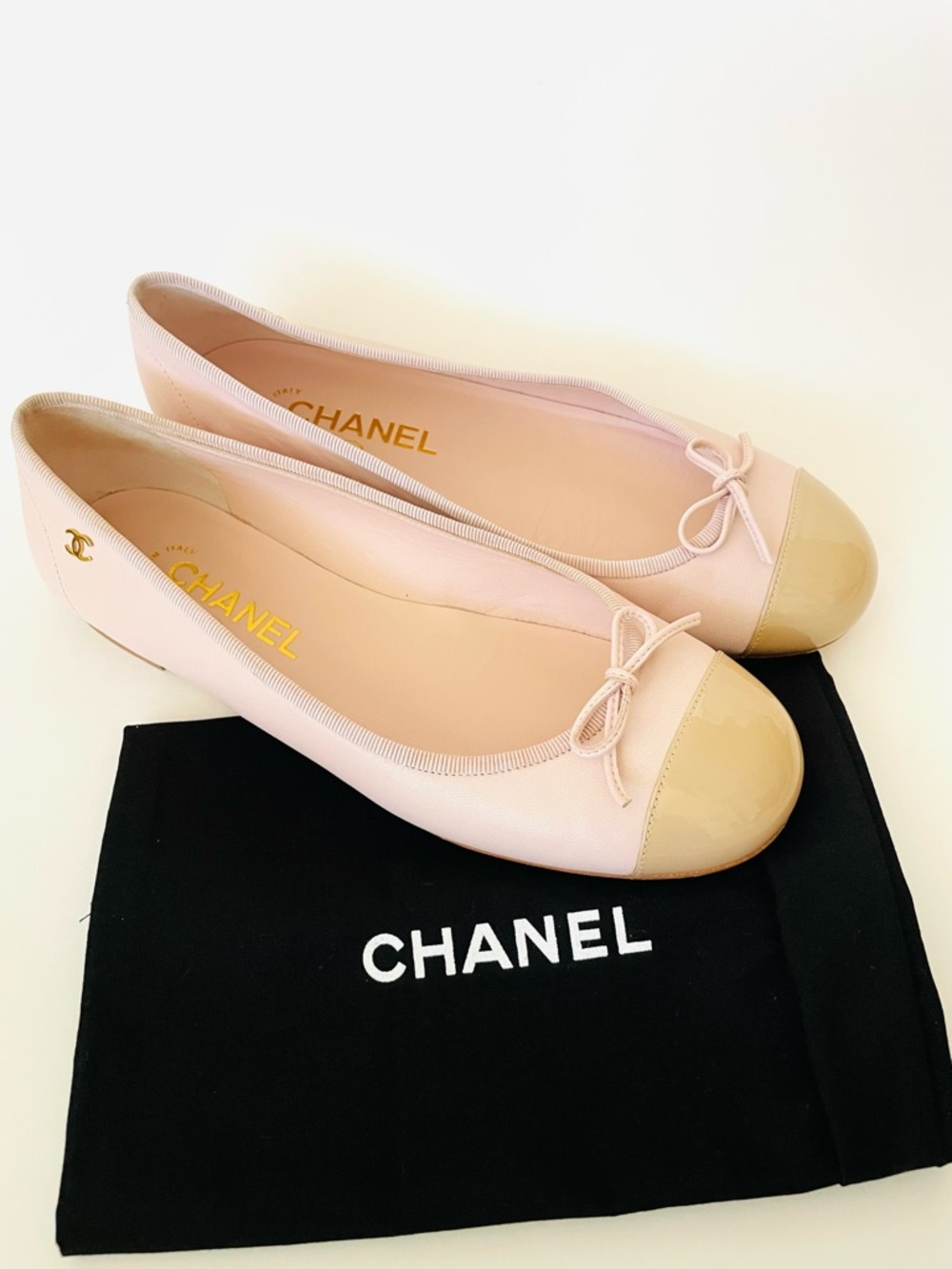 CHANEL Pink Leather Ballet Flats with Beige Patent Cap Toe